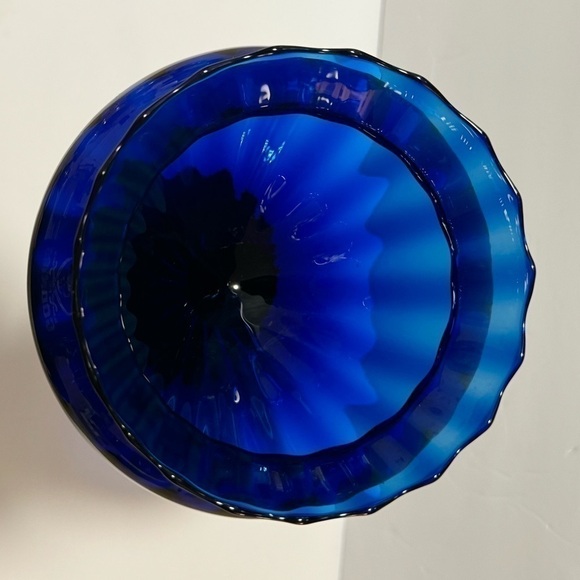 Vintage MCM Cobalt Blue Stretch Tall Pedestal Hand Blown Bowl with Scalloped Rim - Picture 7 of 7